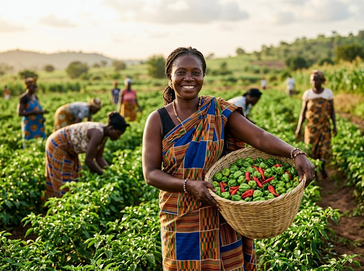 Dignified Ghanaian women agricultural leaders and farmers holding fresh harvest in Ghana