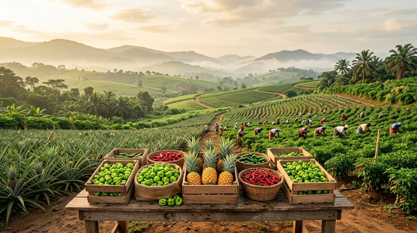 Lush Ghanaian agricultural farmland at golden sunrise